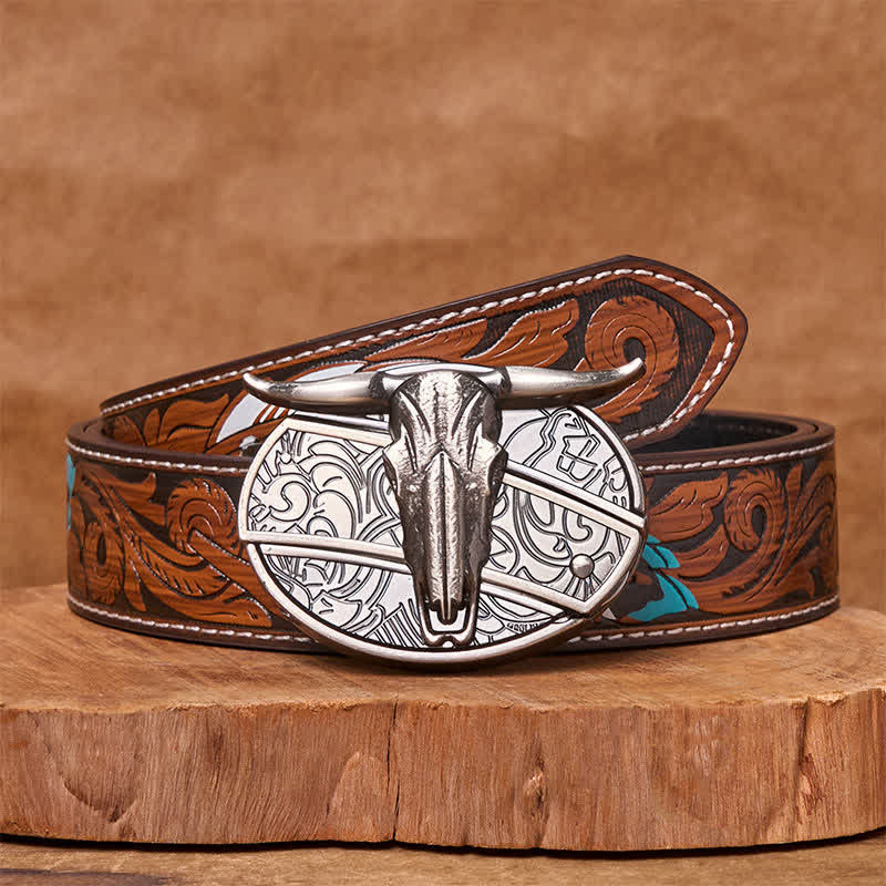 Bull's Head DIY Hidden Knife Silver Western Vintage Buckle Leather Belt - Brown Feather Belt - 40 - image 10