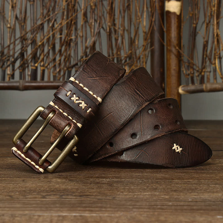 Men's Distressed Double Needle Buckle Leather Belt