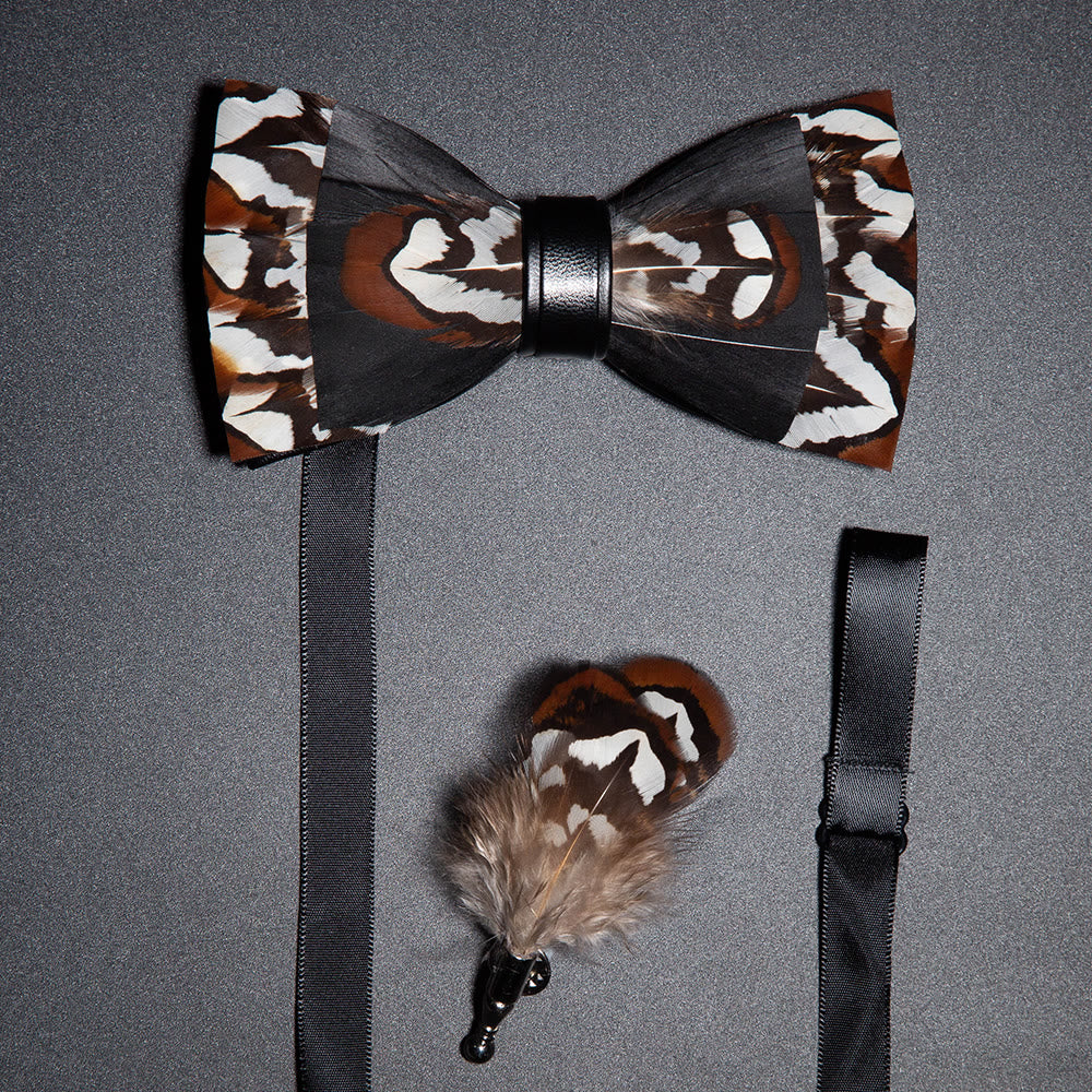 Black & Brown Gentle Feather Bow Tie with Lapel Pin
