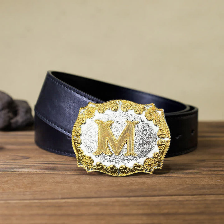 Men's DIY Golden Initial Letter Buckle Leather Belt - M - Black PU Belt (40) - image 4