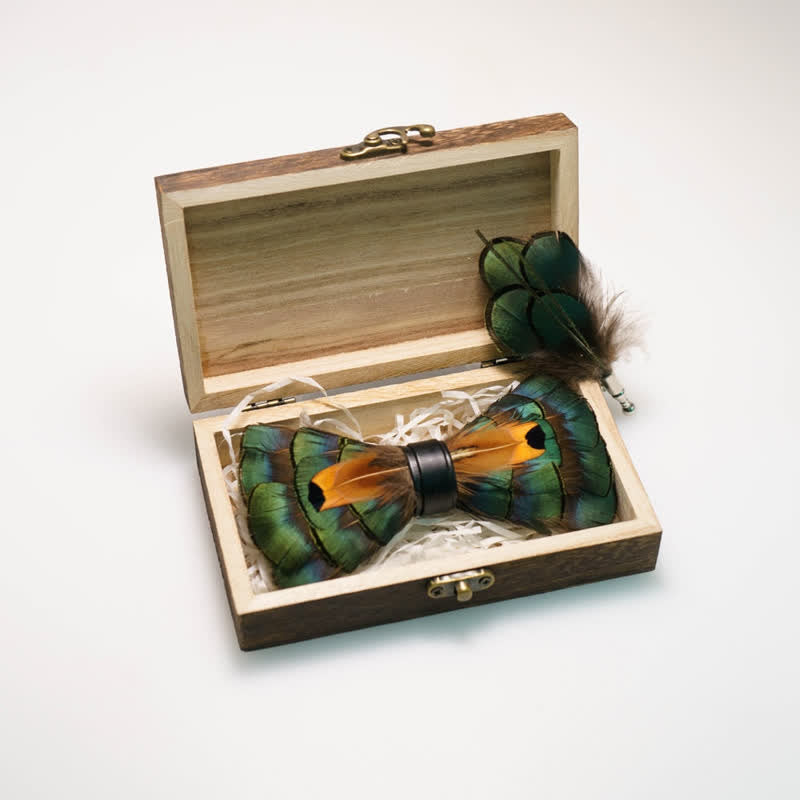 Emerald Green & Gold Feather Bow Tie with Lapel Pin - image 2