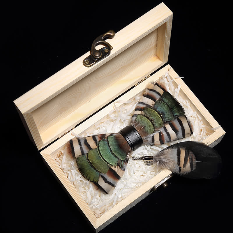 Green & Beige Geese Feather Bow Tie with Lapel Pin