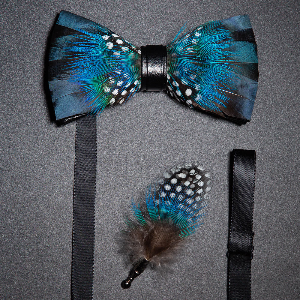 Blue & Black Peacock Feather Bow Tie with Lapel Pin