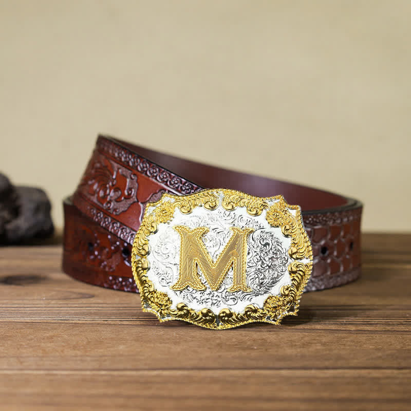 Men's DIY Golden Initial Letter Buckle Leather Belt - M - Brown Carved Belt (40) - image 5