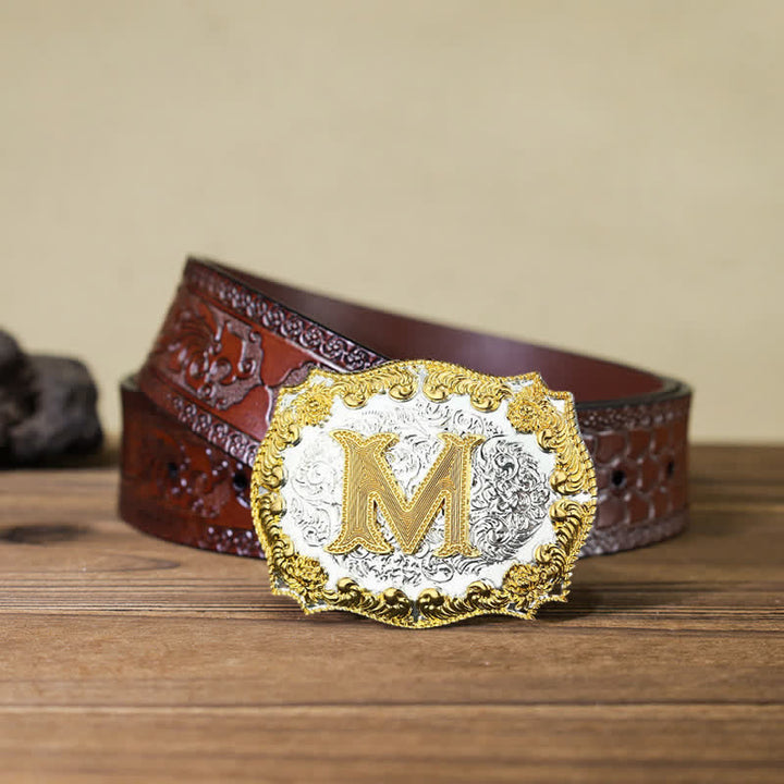 Men's DIY Golden Initial Letter Buckle Leather Belt - M - Brown Carved Belt (40) - image 5