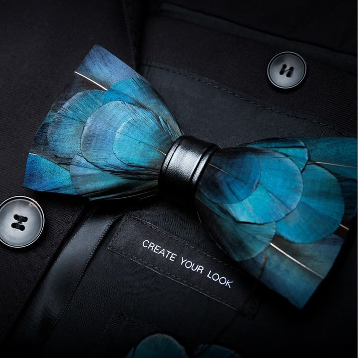 Dark Blue Luxury Natural Feather Bow Tie with Lapel Pin