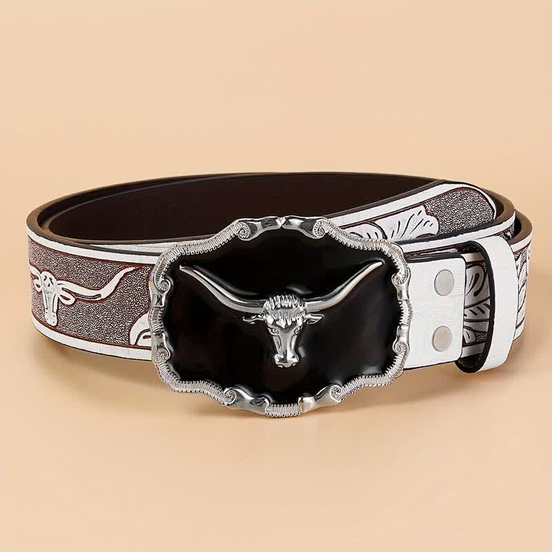 Men's Black Western Longhorn Bull Head Leather Belt