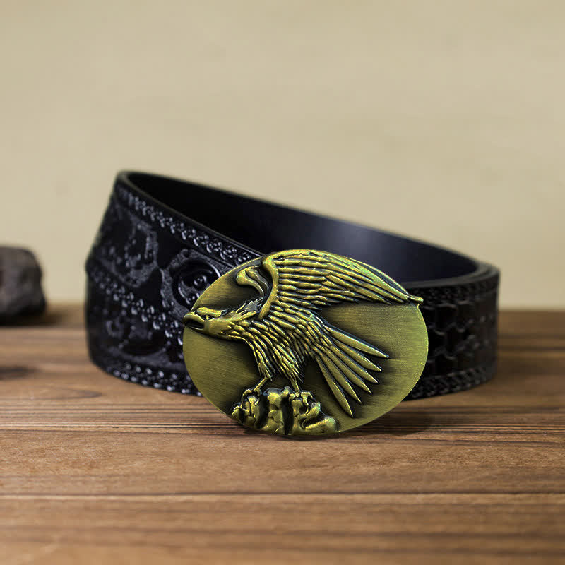 Men's DIY Eagle On Stone Buckle Leather Belt