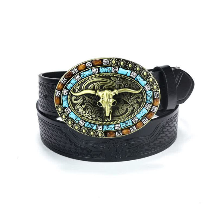 Men's Western Cowboy Turquoise Bull Leather Belt