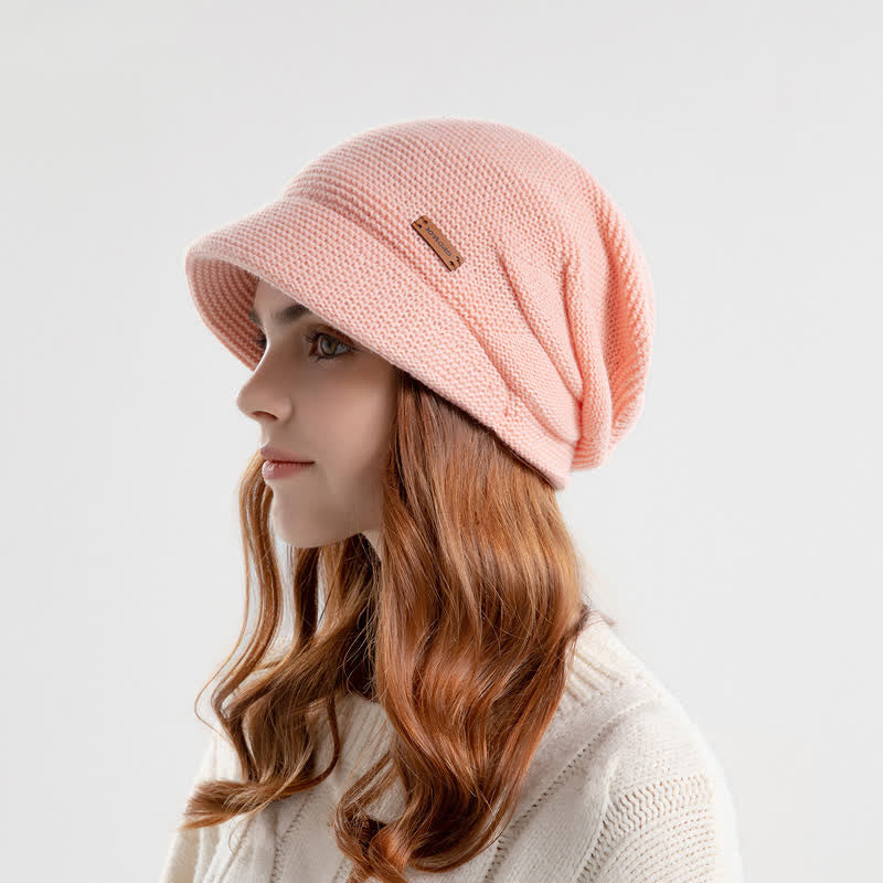 Women's Letter Patched Wide Brim Pile Knitted Hat