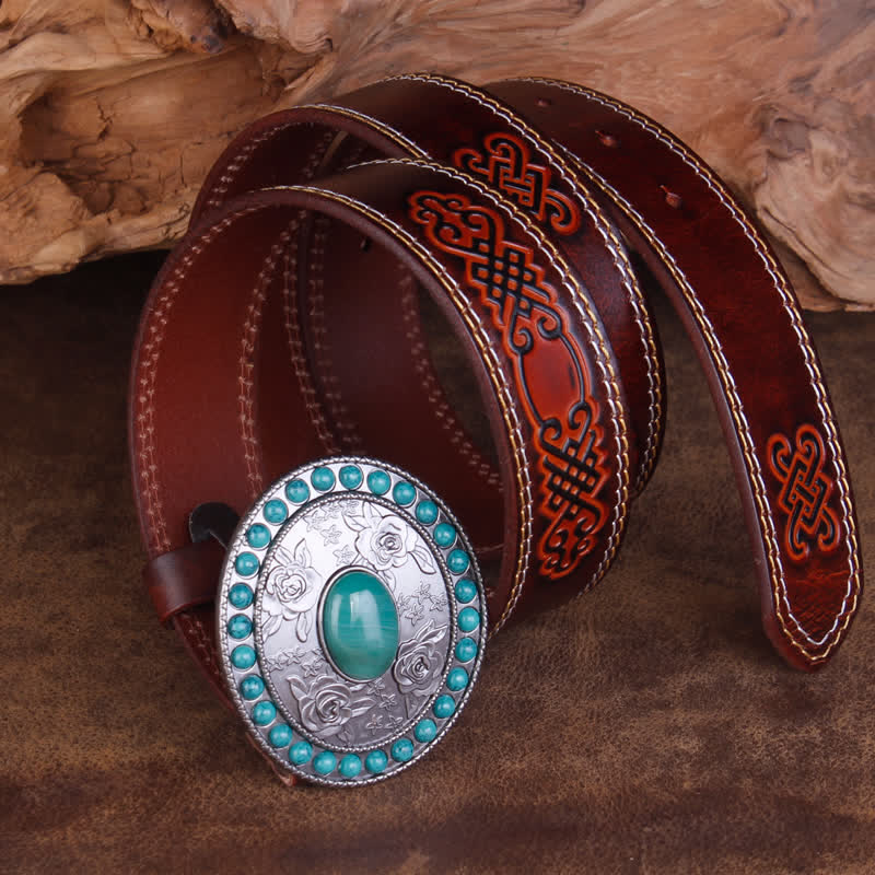 Unisex Carved Rose Turquoise Jade Agate Leather Belt