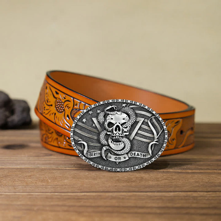 Men's DIY "Liberty or Death" Snake Skull Buckle Leather Belt