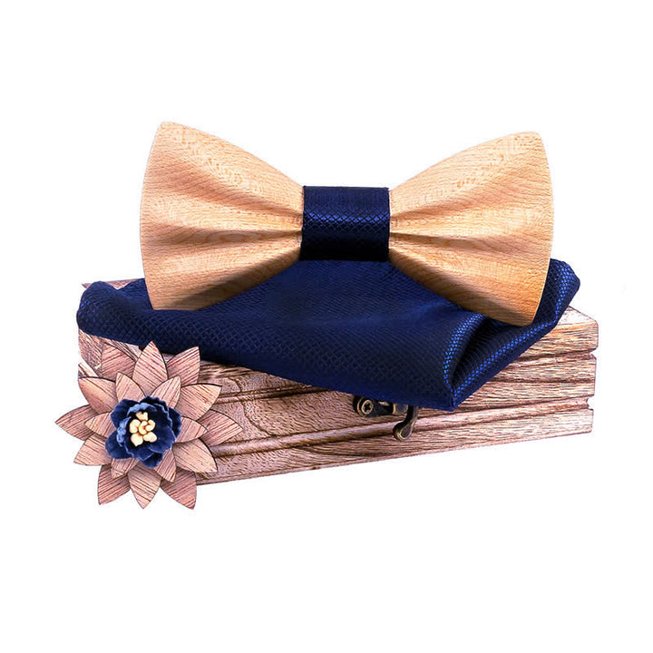 3Pcs Men's Hand Carved Crease Wooden Bow Tie Set