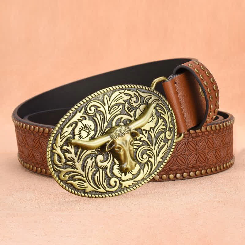 Men's Bull Head Rivet Embossed Leather Belt