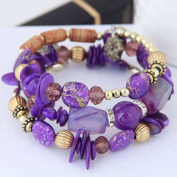 Vintage Bohemian Multi-layer Turquoise Agate Crystal Beaded Bracelet - Light Purple - image 7