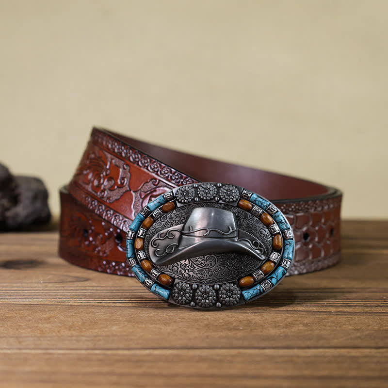 Men's DIY Cowboy Hat Turquoise Stone Buckle Leather Belt