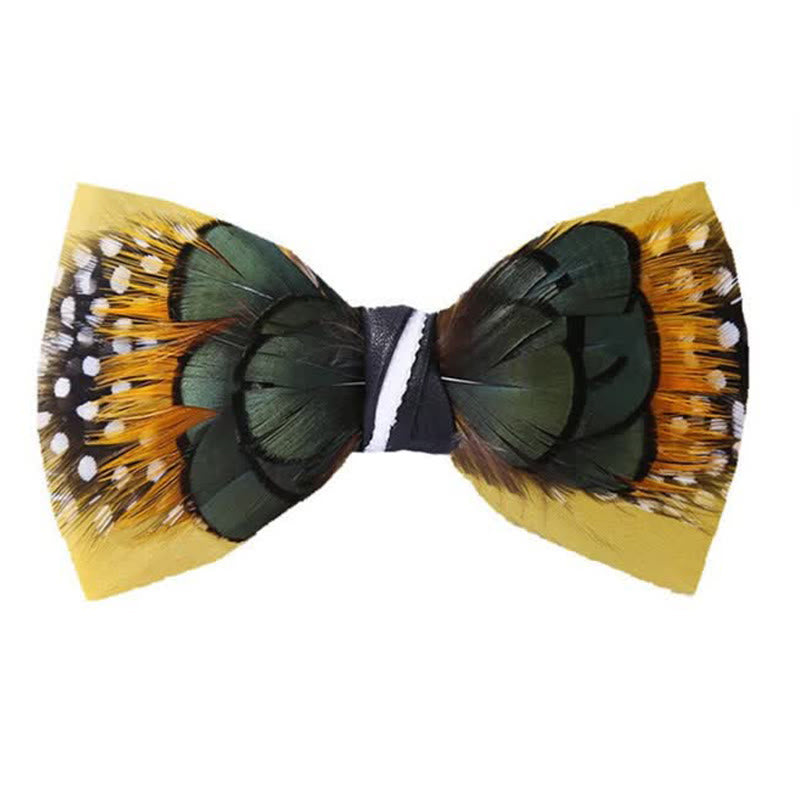 Exotic Canary Yellow & Green Feather Bow Tie with Lapel Pin - Yellow & Green - image 0