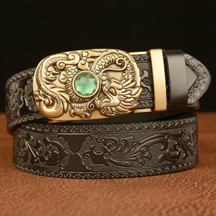 Men's Engraved Dragon Gemstone Leather Belt