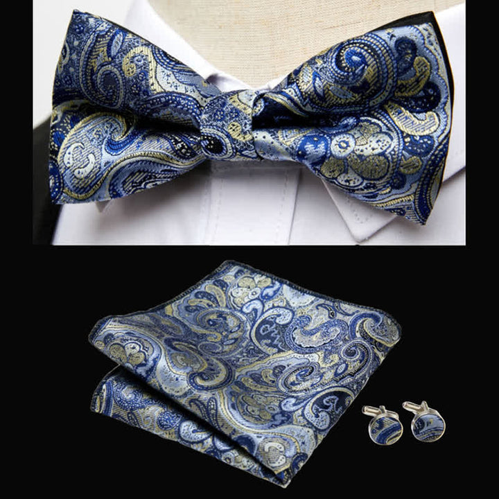 3Pcs Men's Luxurious Paisley Bow Tie Pocket Square Set - Light Blue - image 1