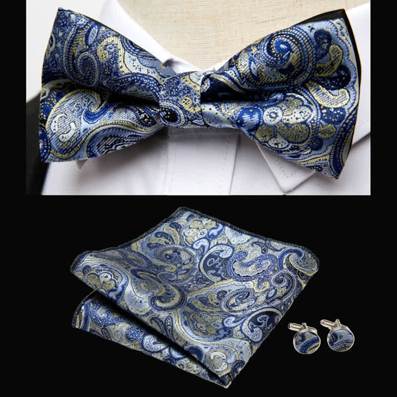 3Pcs Men's Luxurious Paisley Bow Tie Pocket Square Set