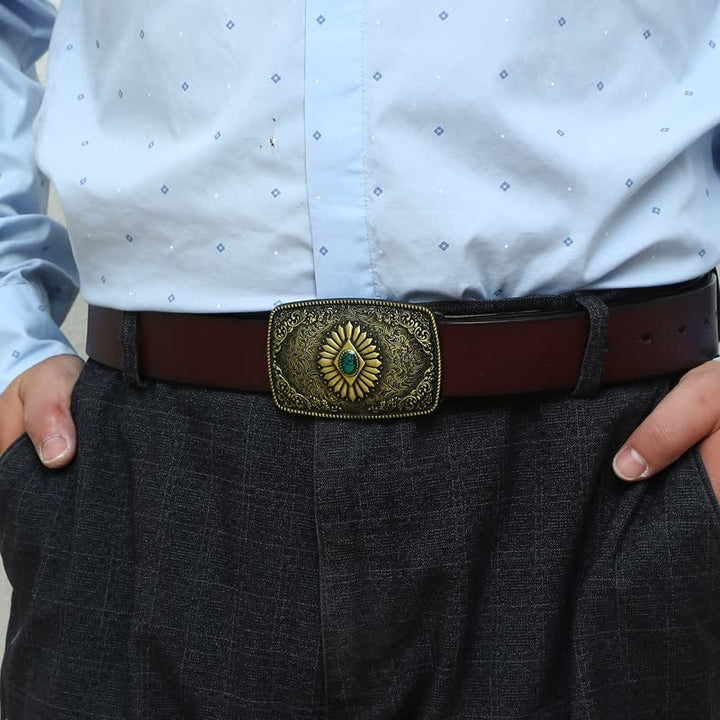 Men's DIY Square Turquoise Western Buckle Leather Belt