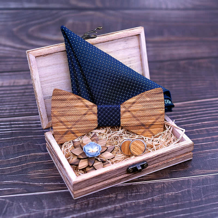 4Pcs Men's Classic Plaids Wooden Bow Tie Set