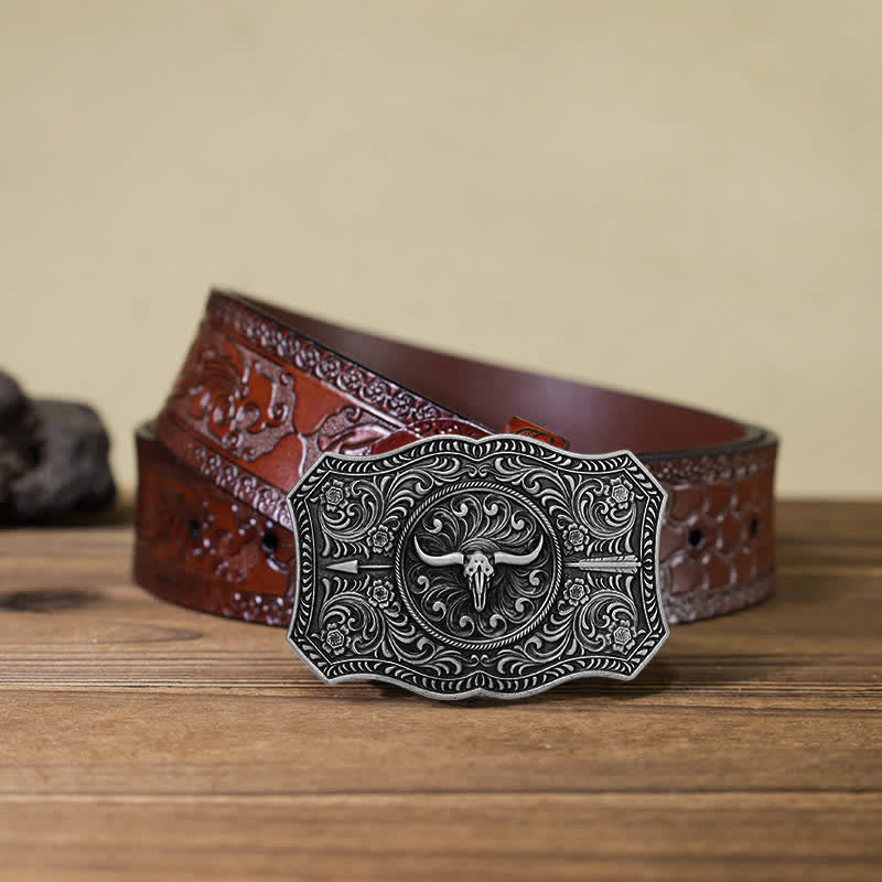 Men's DIY Long Horn Bull Arrow Buckle Leather Belt