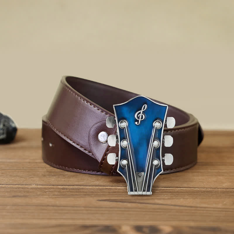 Men's DIY Musical Guitar Headstock Buckle Leather Belt