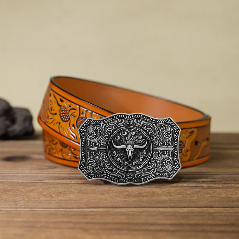 Men's DIY Long Horn Bull Arrow Buckle Leather Belt