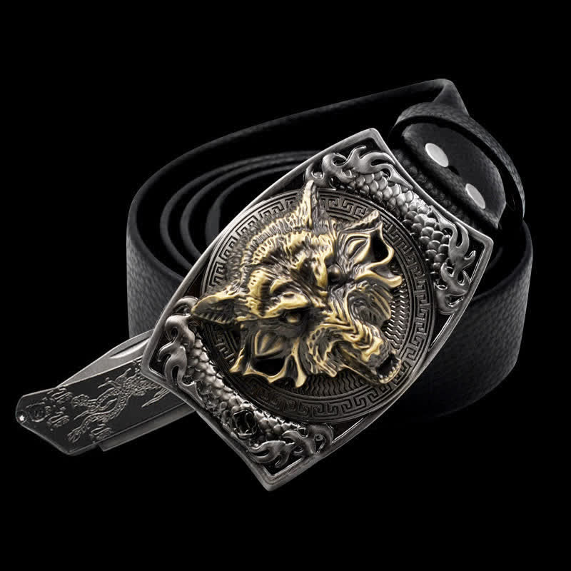 Men's Gold Wolf Head Leather Belt With Folding Knife - Wolf - 46 - image 0