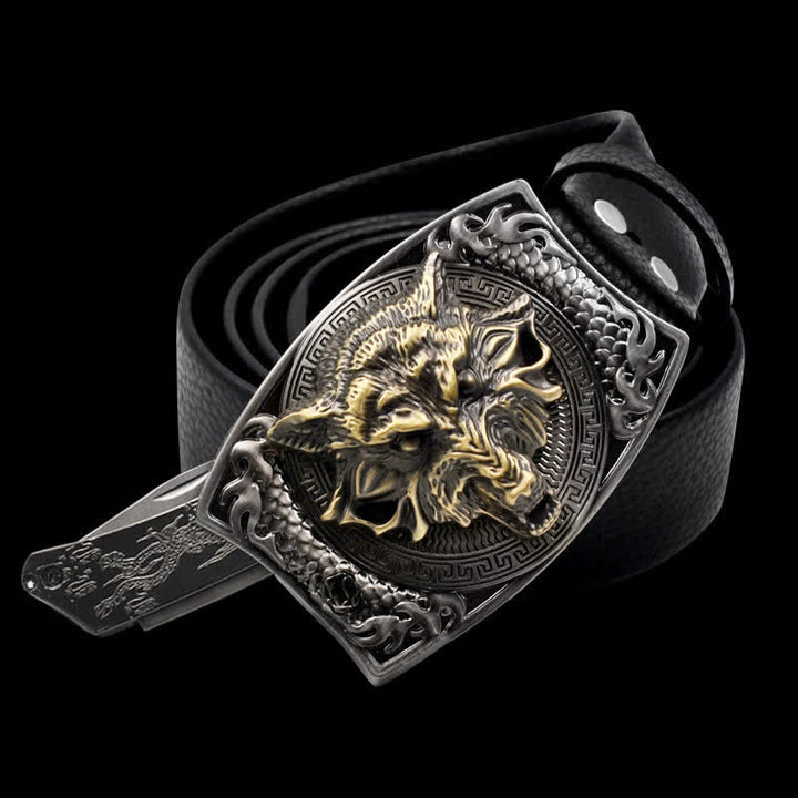 Men's Gold Wolf Head Leather Belt With Folding Knife - Wolf - 46 - image 0