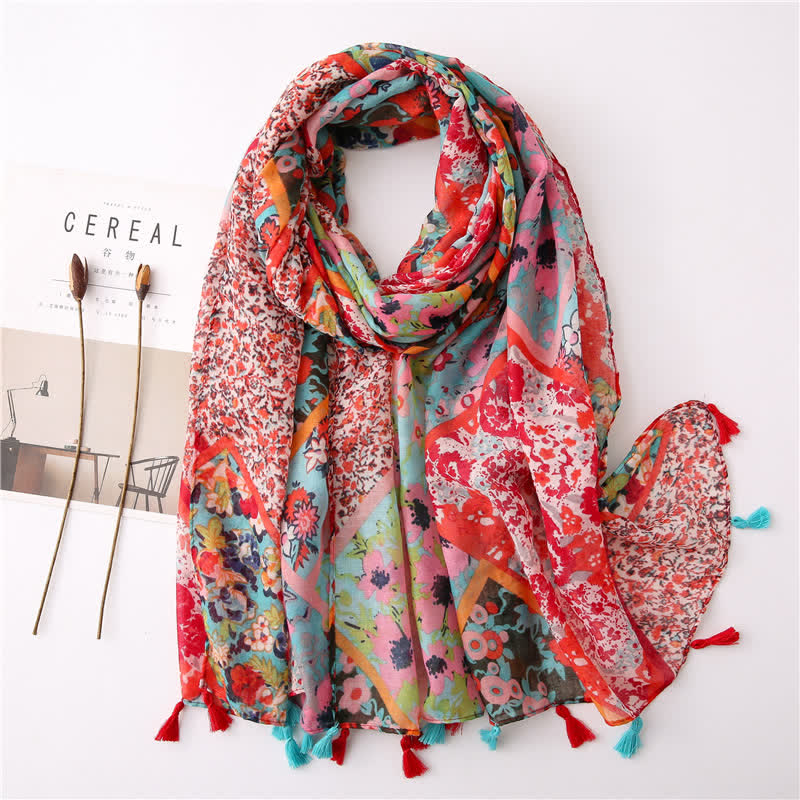 Women's Bohemian Print Floral Tassel Scarf