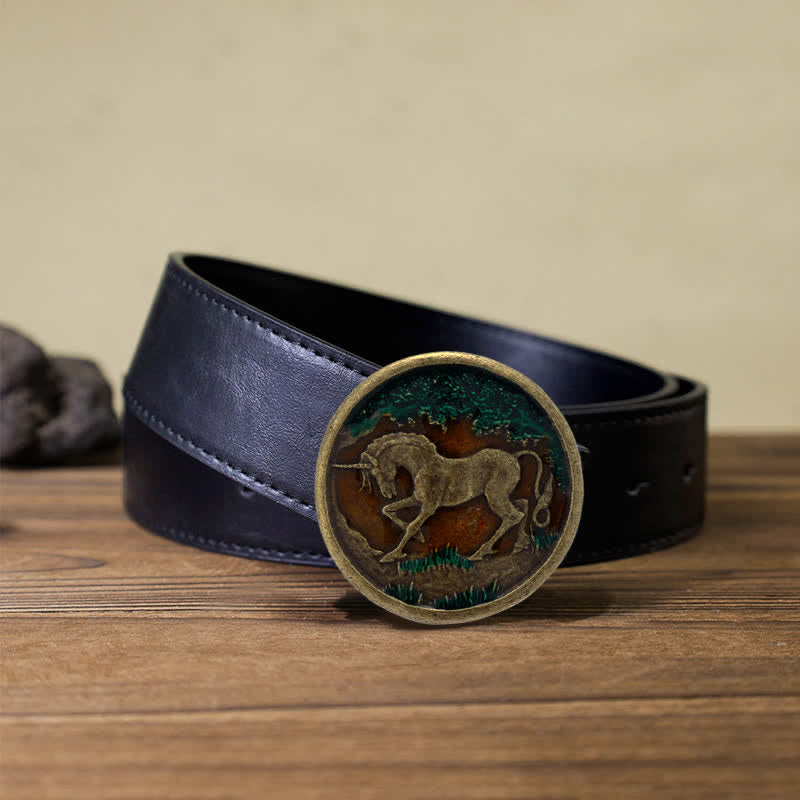 Men's DIY Mystical Unicorn Antique Bronze Buckle Leather Belt