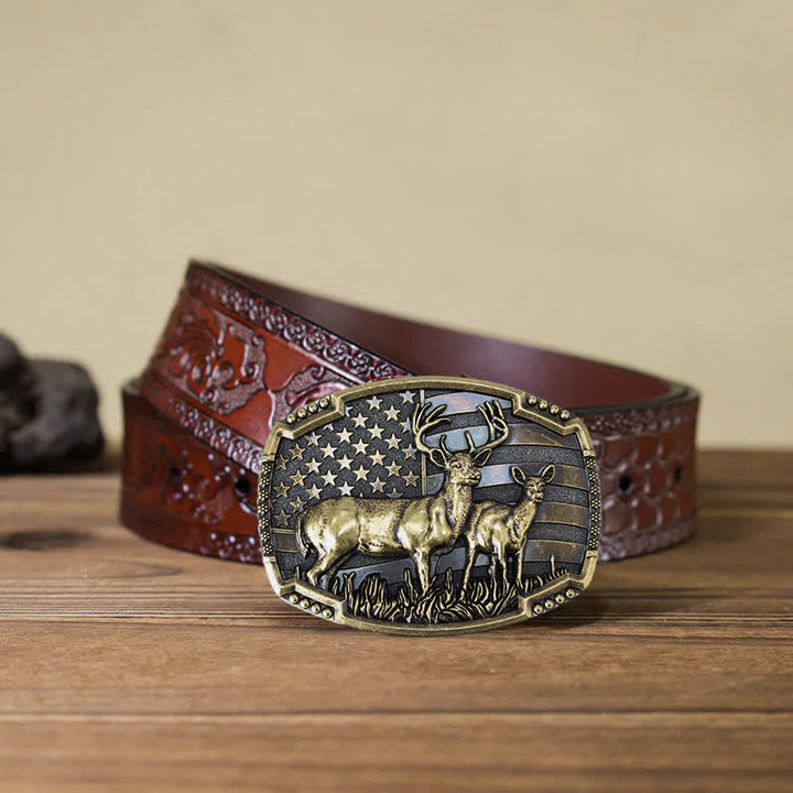 Men's DIY Deer Hunter American Flag Buckle Leather Belt