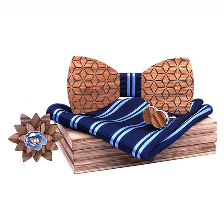 4Pcs Men's Geometric Carving Wooden Bow Tie Set