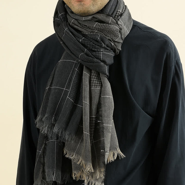 Men's Two-Tone Patchwork Checked Fringe Scarf