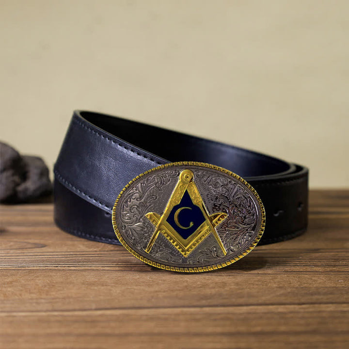 Men's DIY C-Shaped Masonic Oval Buckle Leather Belt