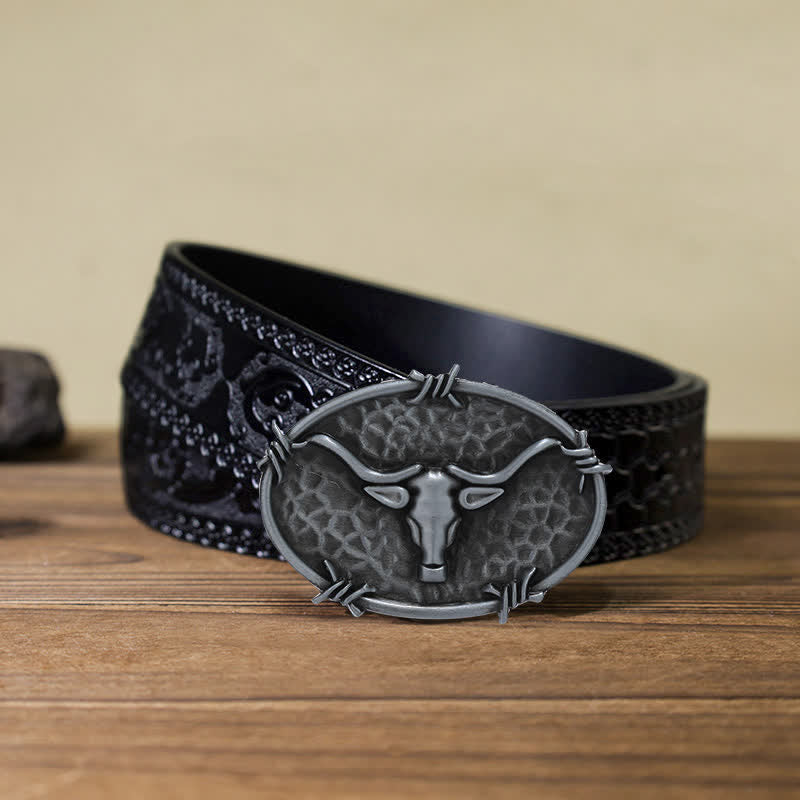 Men's DIY Cowboy Bull Head Hammered Buckle Leather Belt