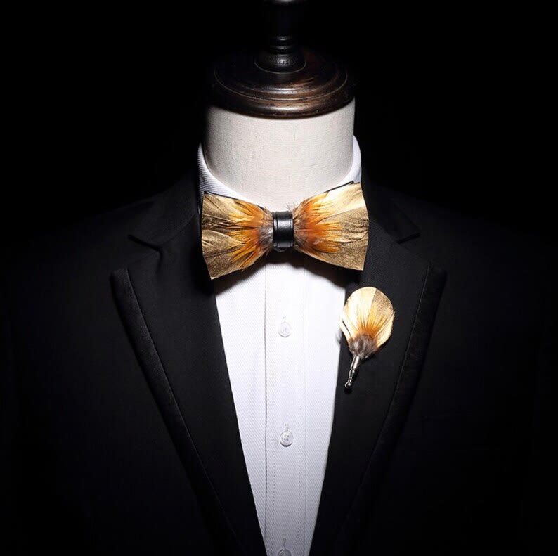 Gold & Tobacco Feather Bow Tie with Lapel Pin