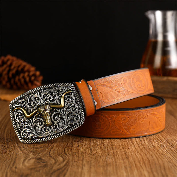 Men's Flower Square Bull Buckle Leather Belt - Yellowish-Brown / Silver - 38 - image 3