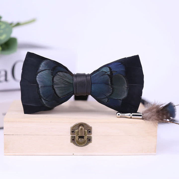 Kid's MidnightBlue Mysterious Feather Bow Tie with Lapel Pin