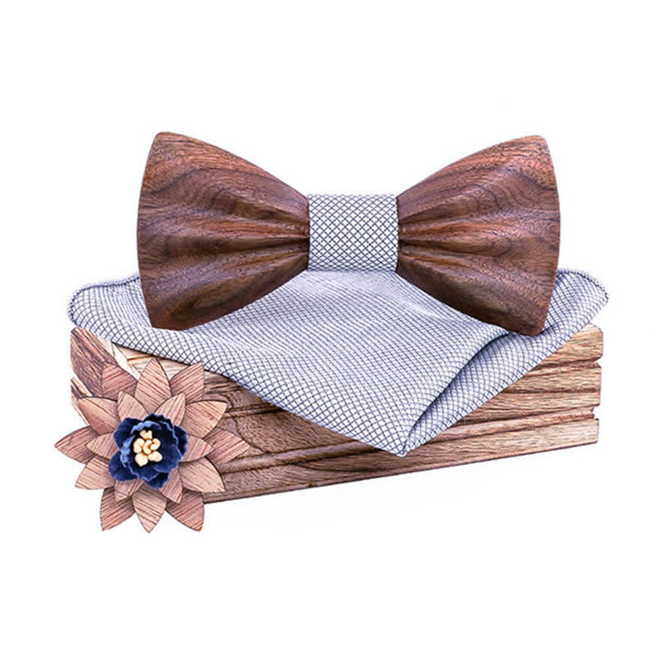 3Pcs Men's Hand Carved Crease Wooden Bow Tie Set