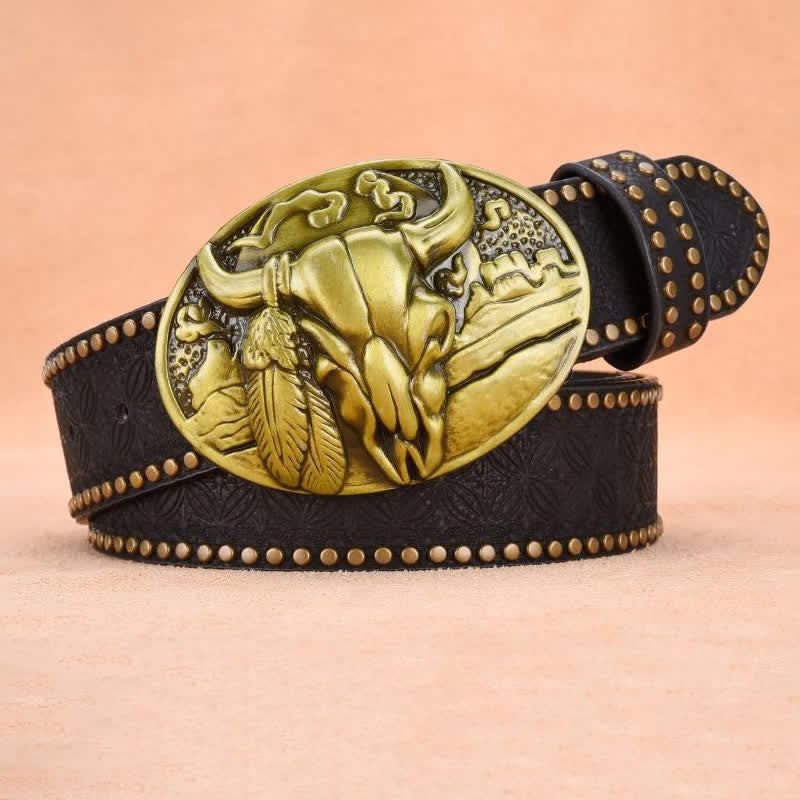 Men's Bull Head Buckle Rivet Decor Leather Belt