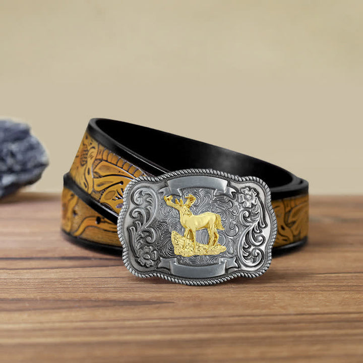 Men's DIY Gold Carving Animal Buckle Leather Belt