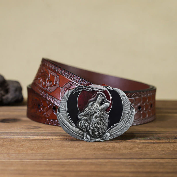 Men's DIY Howling Wolf Moon Oval Buckle Leather Belt