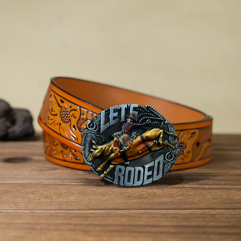 Men's DIY Let's Rodeo Enamel Bull Buckle Leather Belt