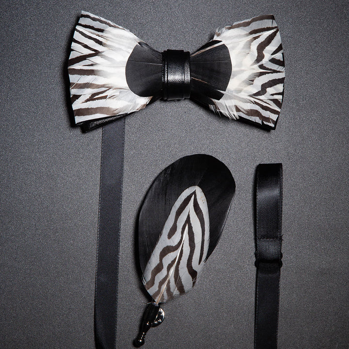 Black & White Zebra Feather Bow Tie with Lapel Pin