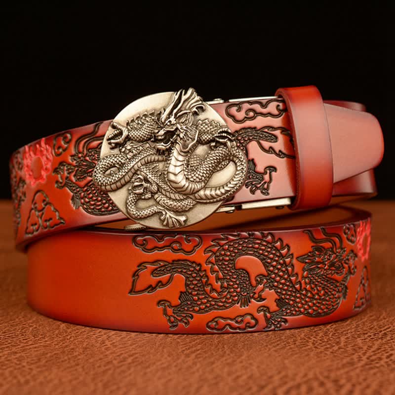 Men's Flame Dragon Round Automatic Buckle Leather Belt