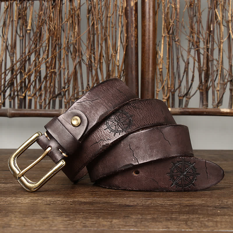 Men's Carving Crack Ship Anchor Leather Belt - Coffee - 44 - image 0