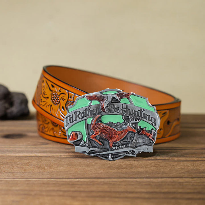 Men's DIY Hunting Deer In The Wild Buckle Leather Belt